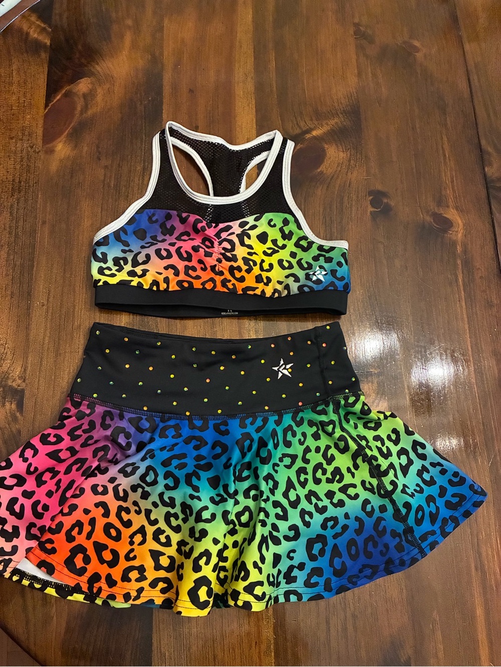 REBEL ATHLETIC Girls' Rainbow Leopard Active Set - Sports Bra & Skirt